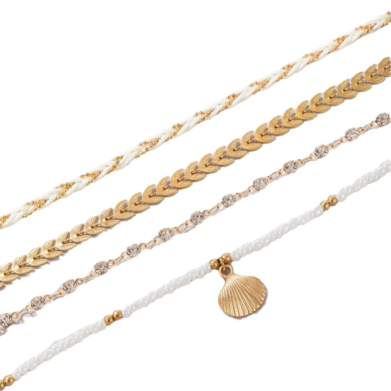 Lot de 4 bracelets de cheville bohèmes – Cordons tressés et perles noires