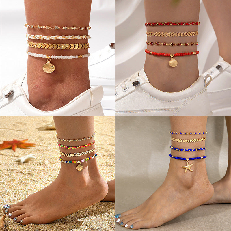 Lot de 4 bracelets de cheville bohèmes – Cordons tressés et perles noires